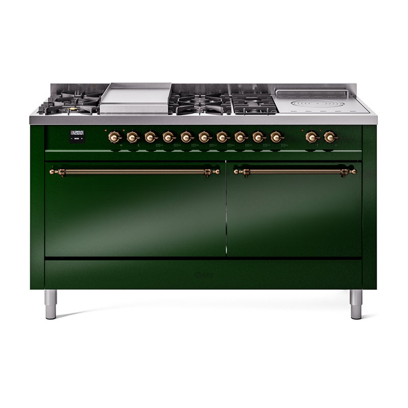 ILVE Nostalgie II 60 in Dual Fuel Range, 7 Burner, Griddle, Frenchtop, Natural Gas, Emerald Green/Burnished