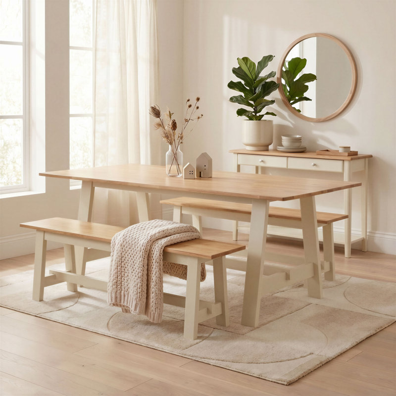Blakeley Rectangular Trestle-Style Legs Wooden Dining Table & 2 Benches - Inspired Farmhouse Style, Oak