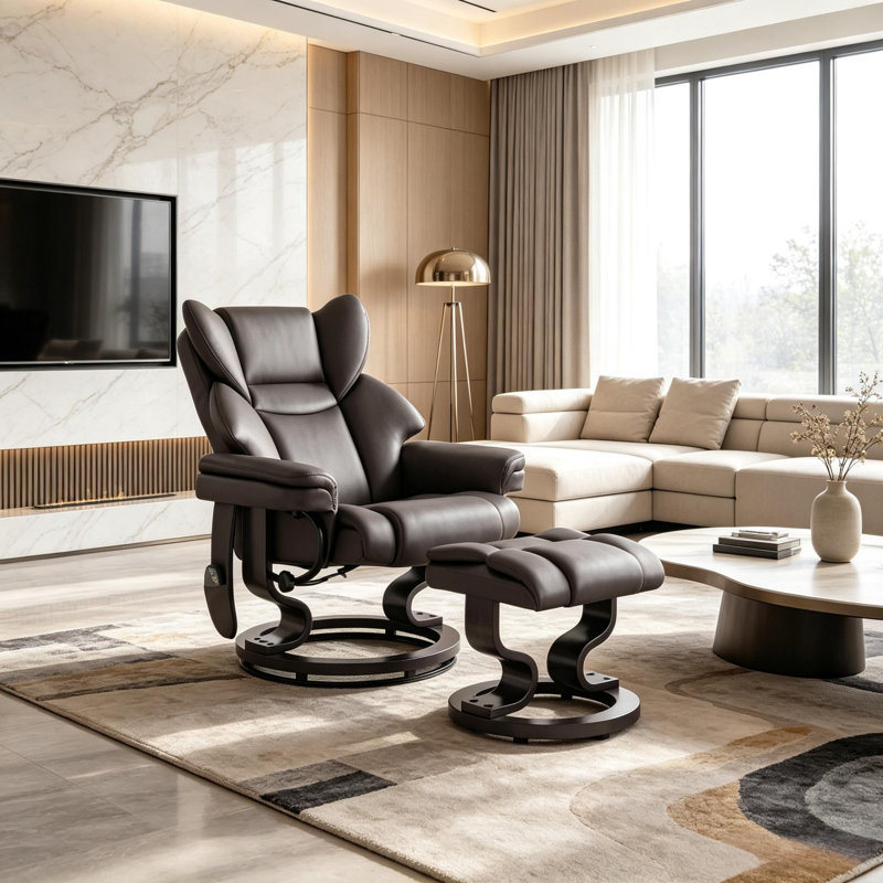 Fauteuil inclinable de massage à 10 points, similicuir et acier, fauteuil inclinable de massage, brun, pivotant sur 360 ° avec repose-pieds extensible