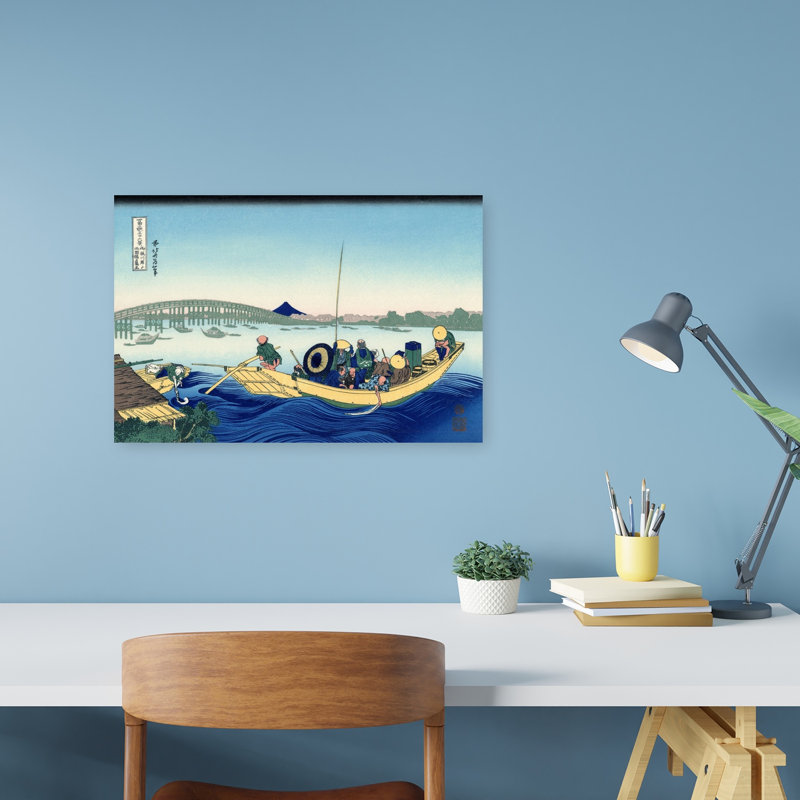 Sunset Across The Ryogoku Bridge From The Bank Of The Sumida River At Onmagayashi Classic Abstract Coastal Landscape Wall Art Print by Katsushika Hokusai - Wrapped Canvas Print