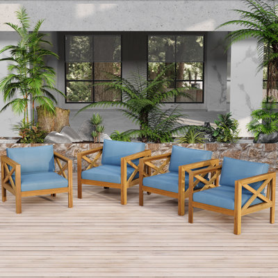 Outdoor Acacia Wood Club Wooden Armchair With Cushions, Conversation Set,Teak Finish