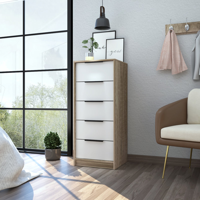 Kaia 5 Drawer Dresser, Vertical Dresser, Light Oak/White