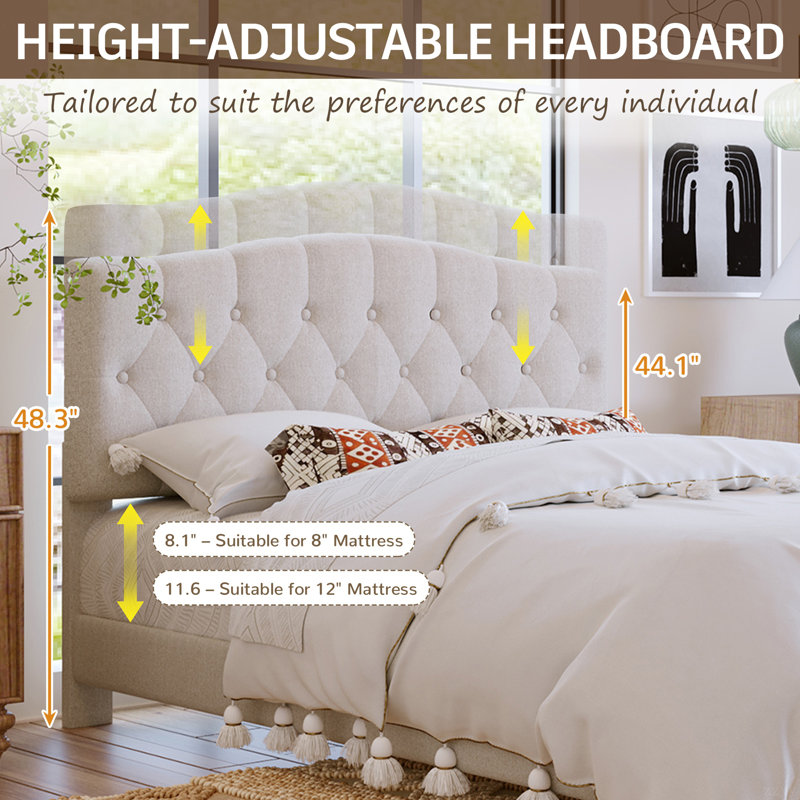 Upholstered Platform Bed With Saddle Curved Adjustable Headboard And Diamond Tufted Details,Wooden Slats And Metal Support, No Box Spring Needed,Beige