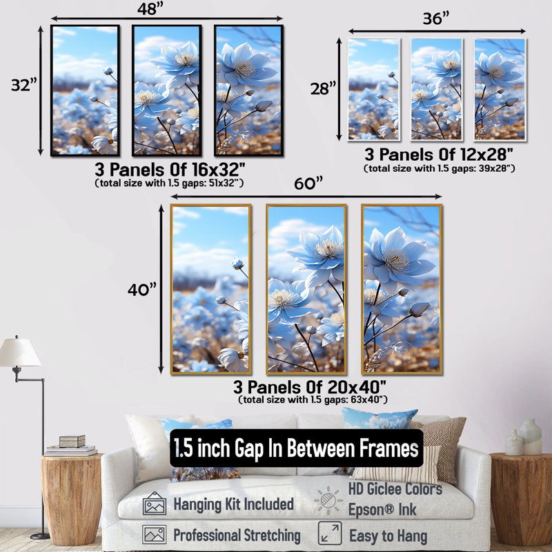 Inviting Azure Flowers Field I - Flower Wall Art Living Room Set, Cadre flottant blanc, H 28 po x l 36 po x P 1 po