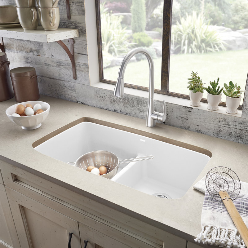 Valea Silgranit 32" 50/50 Double Bowl Undermount Kitchen Sink with Low Divide - White, White