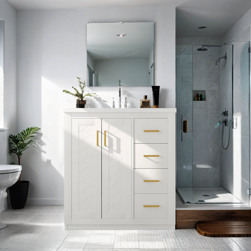 Campeaux 30'' Single Bathroom Vanity with Resin Top, Gold, White