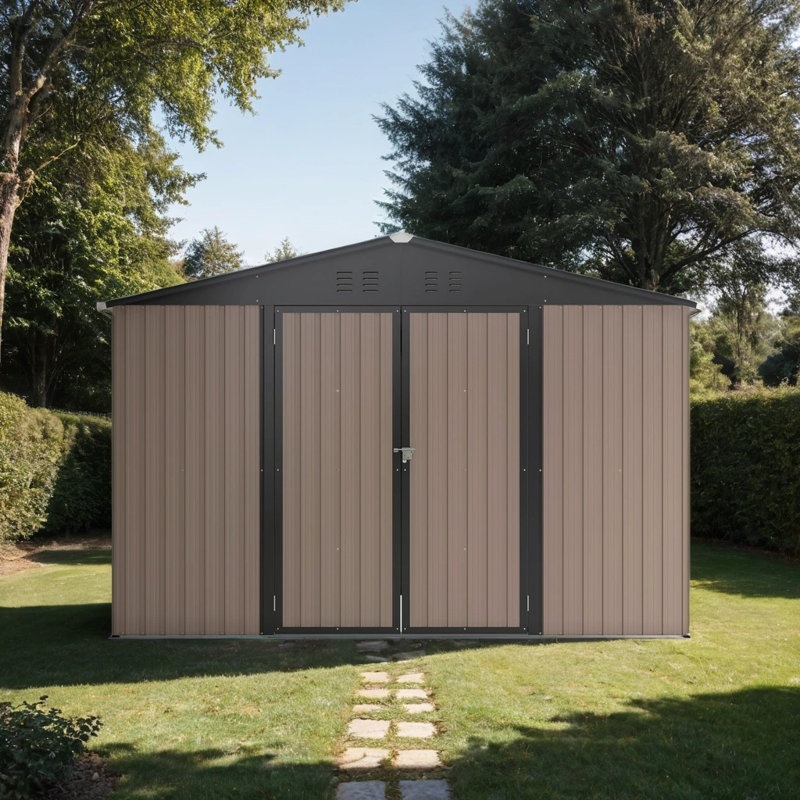 Remise de rangement extérieure en métal 10 x 8 pi avec portes verrouillables, H 79,22 po x l 113,71 po x P 117,7 po, Brun