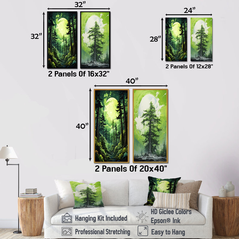 Neon Green Redwood Trees Forest - Tree Redwood Canvas Wall Art Set Of 2, 28" H x 25" W, Black Floater Framed