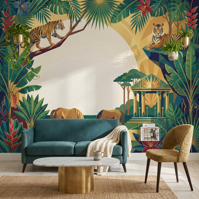 Décoration murale amovible Tigers de papier peint jungle tropicale, 140 po x 108 po, Non tissé