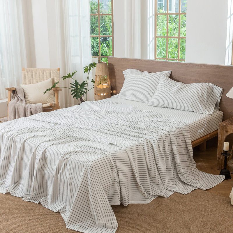 Ensemble de draps 100% coton lavé MooMee, Ensemble de draps pour grand lit avec 2 taies d'or