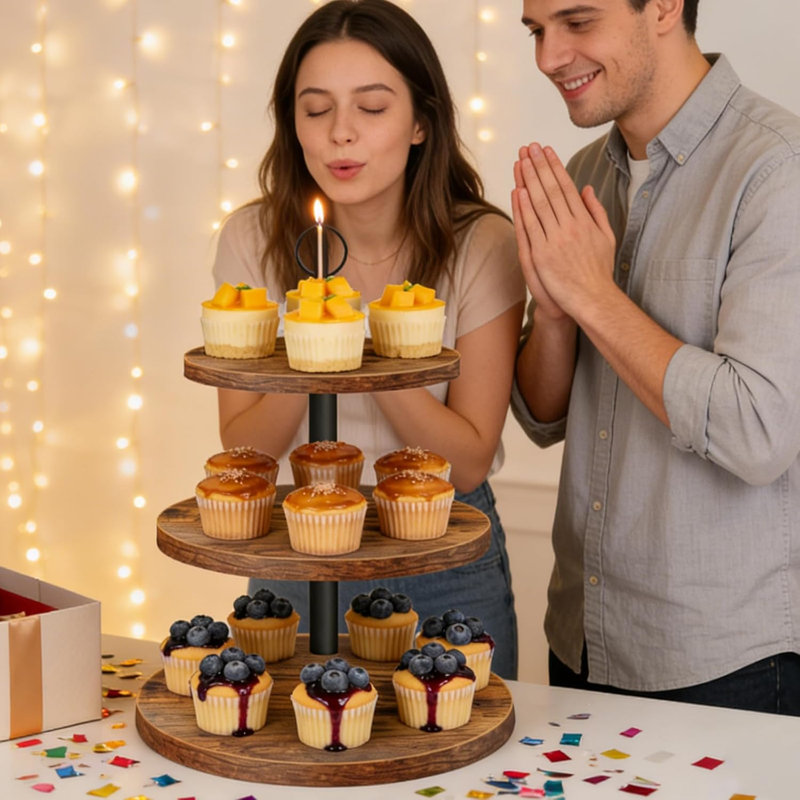 Support à petits gâteaux, grand présentoir à petits gâteaux à 3 niveaux pour 50 petits gâteaux, ensemble de présentation de table à dessert rustique, tour à gâteaux en bois