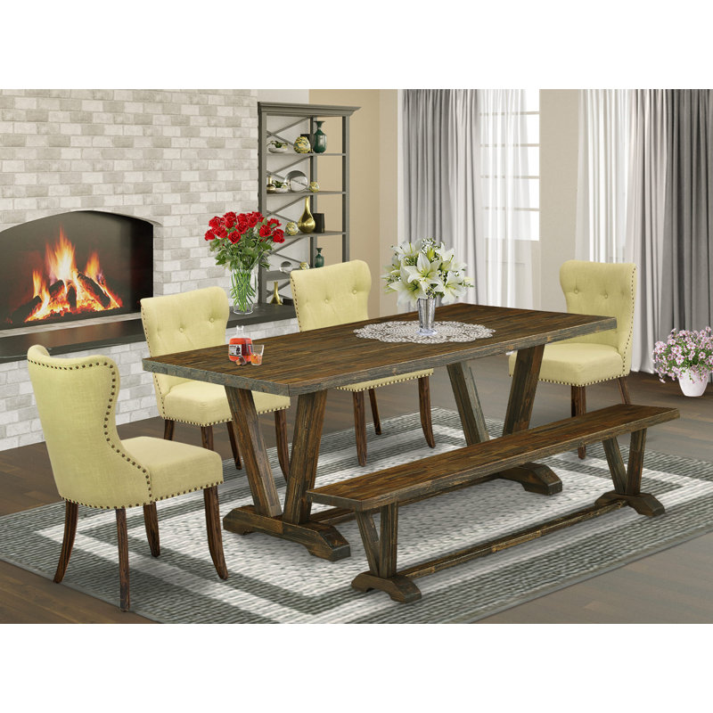 6-Piece Dining Room Set Consists of a Distressed Jacobean Dinner Table a Wood Bench and 4 Limelight Linen Fabric Parson Chairs - Distressed Jacobean Finish