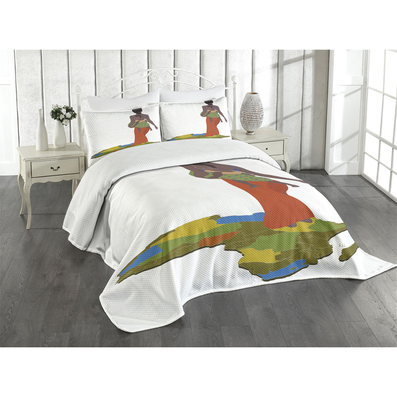 White Quilted Queen Bedspread Set with African Print