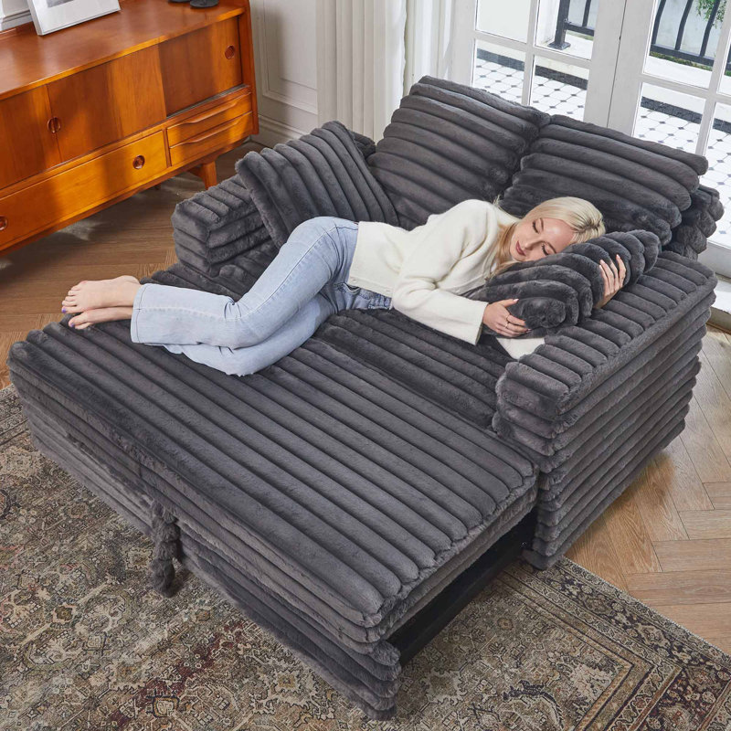 Naykin 2-Person Faux Fur Sofa Bed with Removable Cushion Cover, Gray, Straight Stripe Shape Plush