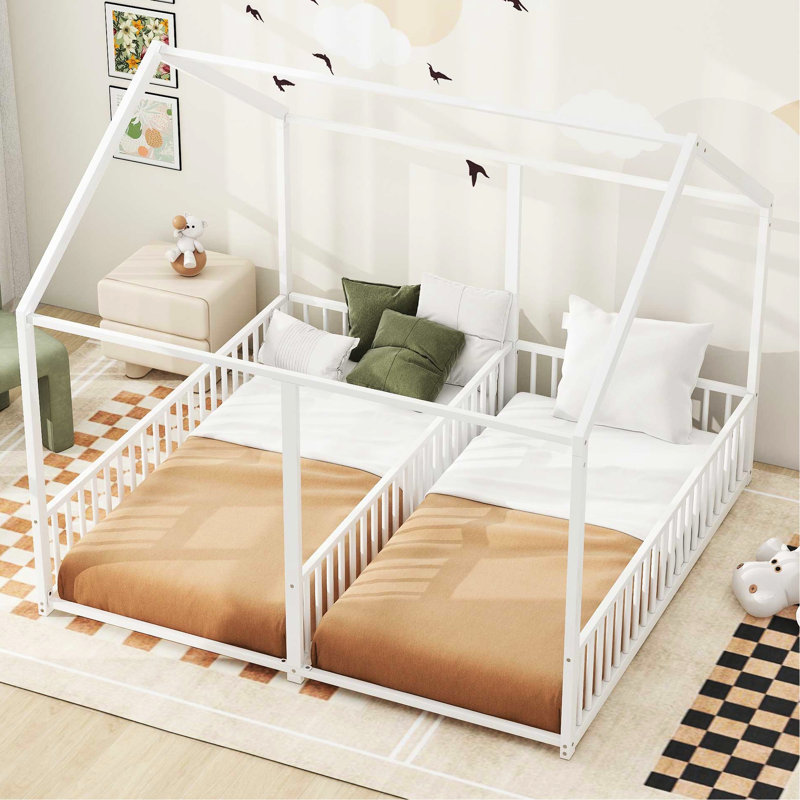 Lits simples en métal pour chambre à coucher, en forme de maison avec barrière de sécurité, garde-corps de style maison plate-forme de taille blanche, pour