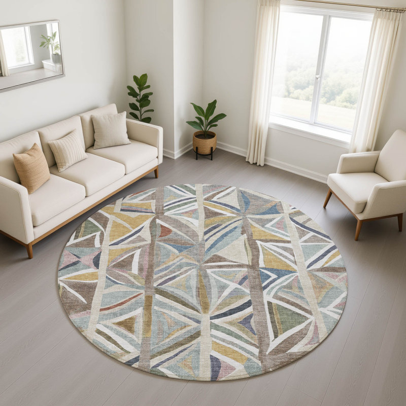 Premium Machine Washable Mayfield AMF2253 Geometric Rug, Taupe, 8' Round