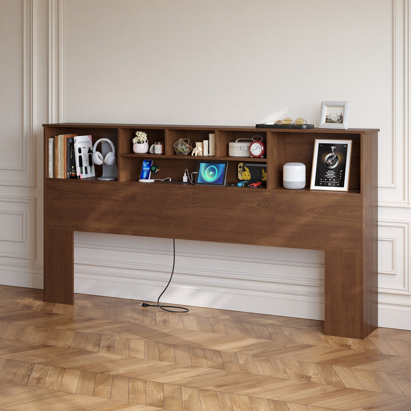 Tête de lit bibliothèque avec station de charge, éclairage DEL 3 couleurs amélioré avec commande à bouton rotatif, disponible en très grand lit