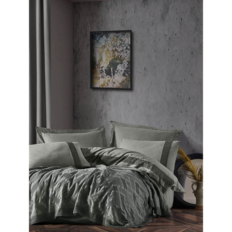 Ensemble de housse de couette luxueuse double, 100% coton, anthracite | Housse de couette 79 x 87 et drap plat 94 x 102 | Conception en jacquard, lavable à la machine, fermeture à boutons | Comprend 4 taies d'oreiller (2 Oxford) | Literie douce, durable et élégante