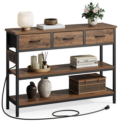 43.3''  Modern Wood Console Table with 3 Fabric Drawers, Rectangle Narrow Entryway Sofa Table with Charging Station And Open Shelves For Hallways, Living Rooms, And Small Spaces