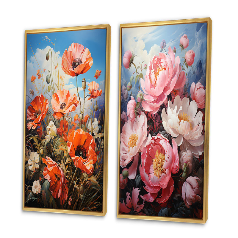 «Meadow Poppy Peony Paradise» 2 - pièces sur, Encadrement doré, H 40 po x l 40 po