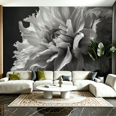 Boho floral papier peint auto-adhésif abstrait Dahlia peinture à l'huile dramatique noir blanc floral mural H 100 po x l 144 po papier mural amovible en PVC auto-adhésif pour le salon de la chambre bureau à domicile