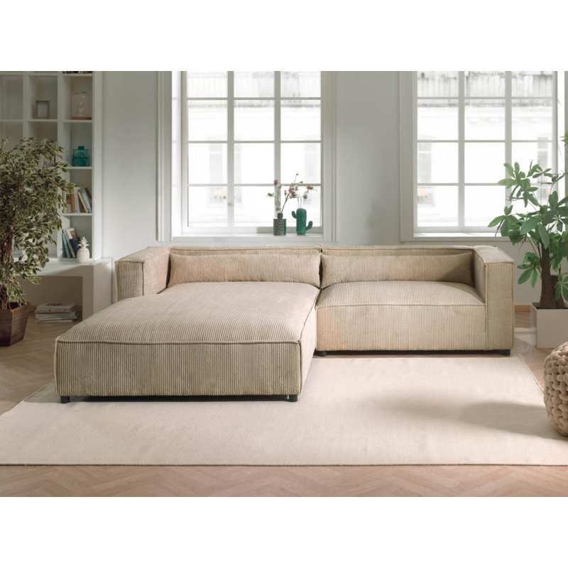4 Seater Left Corner Sofa - Corduroy - Contemporary Style, Beige, Left Hand Facing