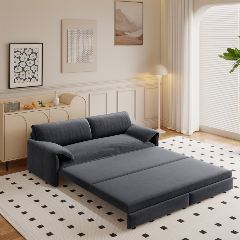 66" Queen Pull Out Sofa Bed, 3-in-1 Convertible Sleeper Sofa Multi-Functional Velvet Loveseat Bed, Gray