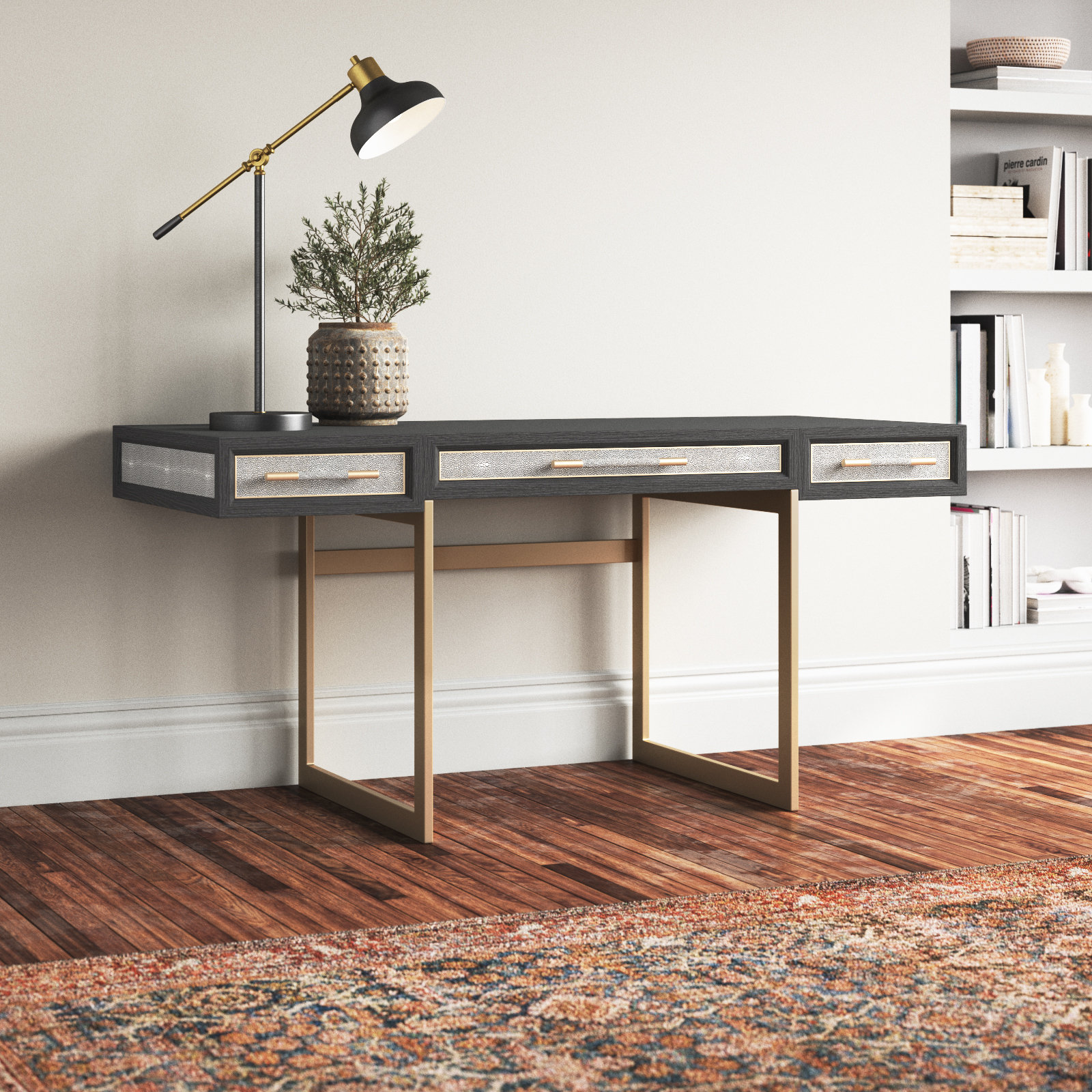 Meera 63" Oak Writing Desk, Gray/Gold