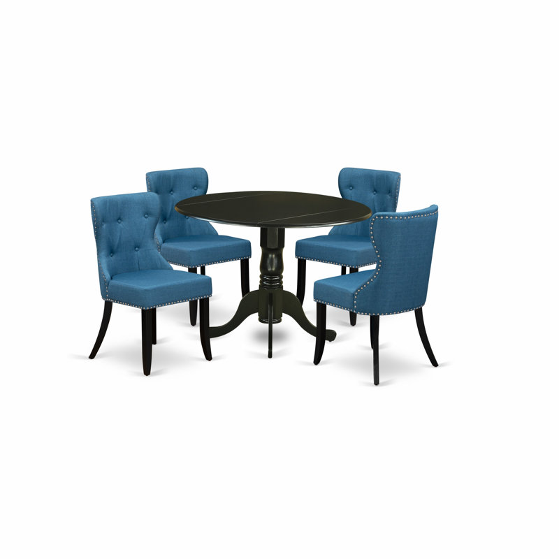 Ensemble de table de salle à manger 5 pièces comprenant une table de cuisine ronde avec Dropleaf et 4 chaises de salle à manger Parson en tissu bleu, 42 x 42 po, noir