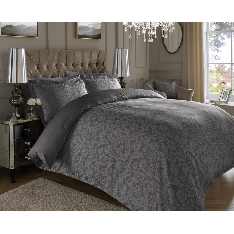 Choute Cotton Blend Floral Duvet Cover Set with Pillowcases Included, Double Duvet Cover + 2 Standard Pillowcases, Dark Grey