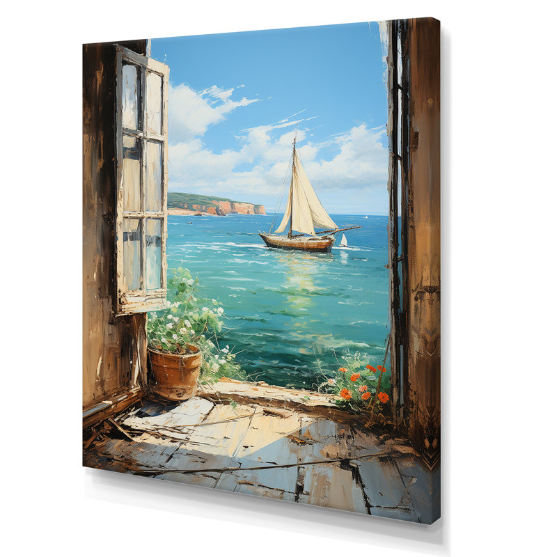 Voilier de bateau, vue sur l'océan II - fenêtres côtières, art mural, H 32 po x l 24 po x P 1 po, Toile tendue