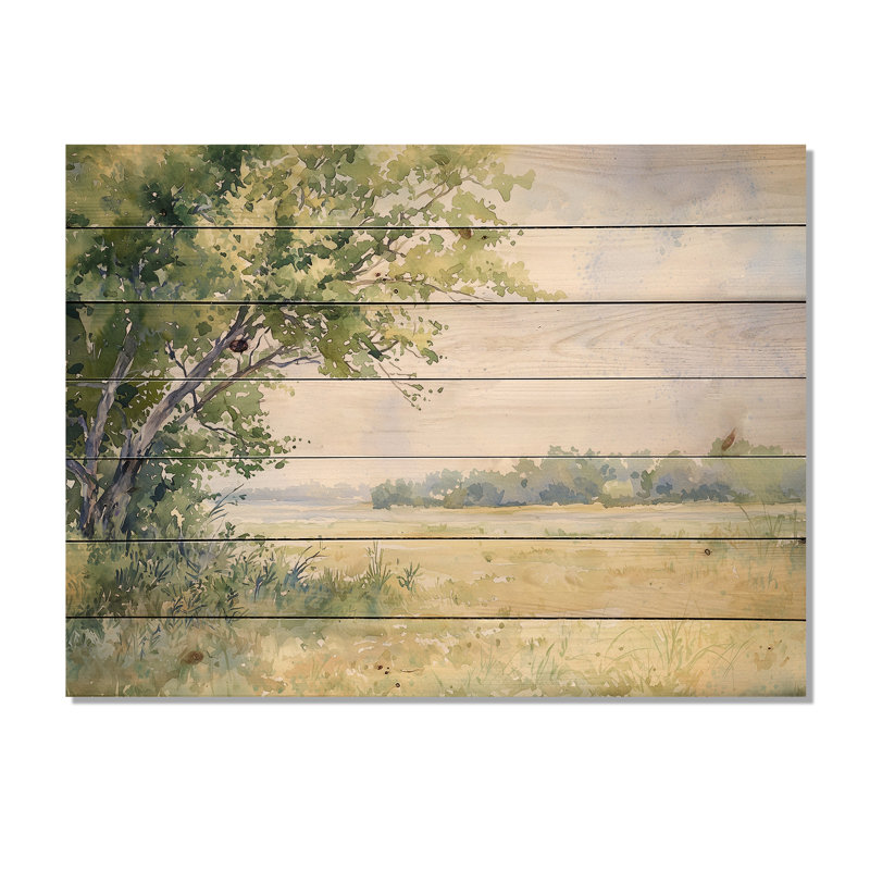 Texas Coast Meadows I - Décoration murale paysage moderne sur bois de pin naturel, H 24 po x l 32 po