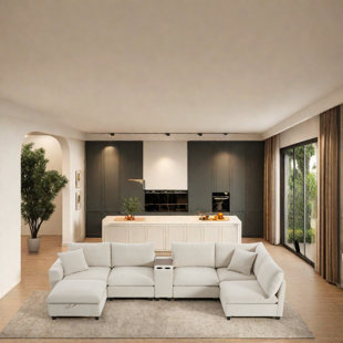 Canapé modulaire avec repose-pieds mobile, port de charge USB, poches de rangement amovibles, siège extra large de 30 po et console avec porte-gobelet - comprend 2 coussins