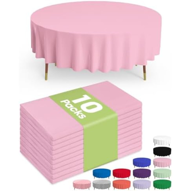 Plastic Table Cloth Disposable 10 Pack, 84'' Round Table Cloths, Easter Party, Valentines, Mothers Day Decorations, Tablecloths, Round, Pastel Plastic Cover, Leakproof & Sturdy, Pink