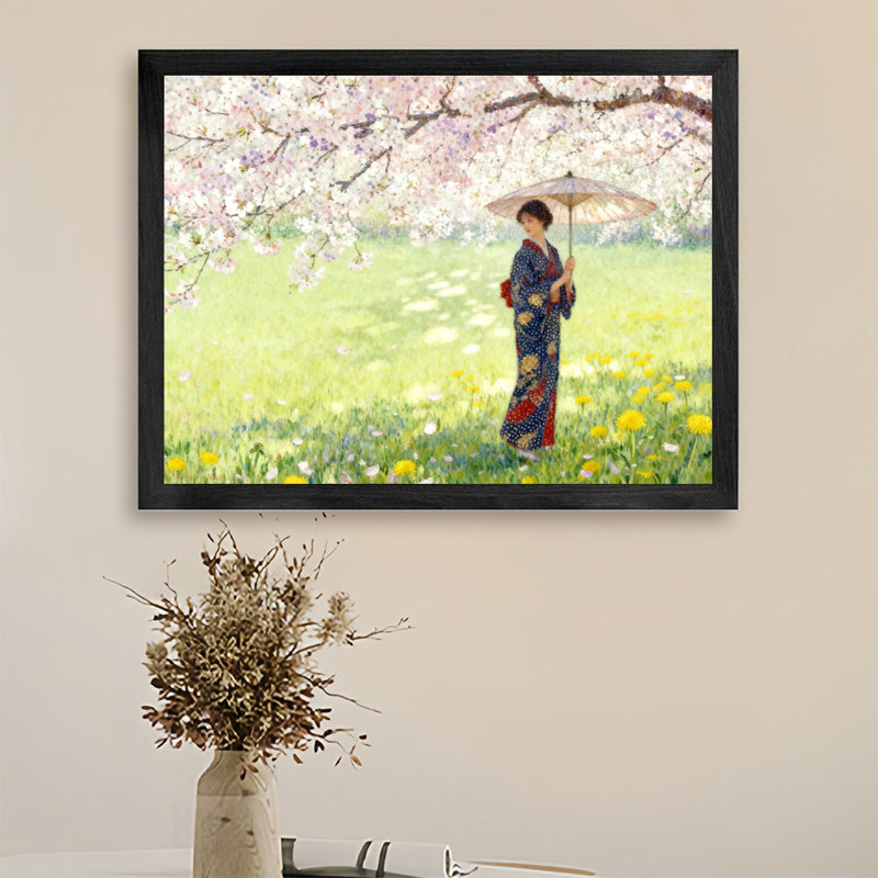 Art encadré noir «Une femme tenant un parasol sous un cerisier en fleurs», impression de style japonais, H 11 po x l 9 po