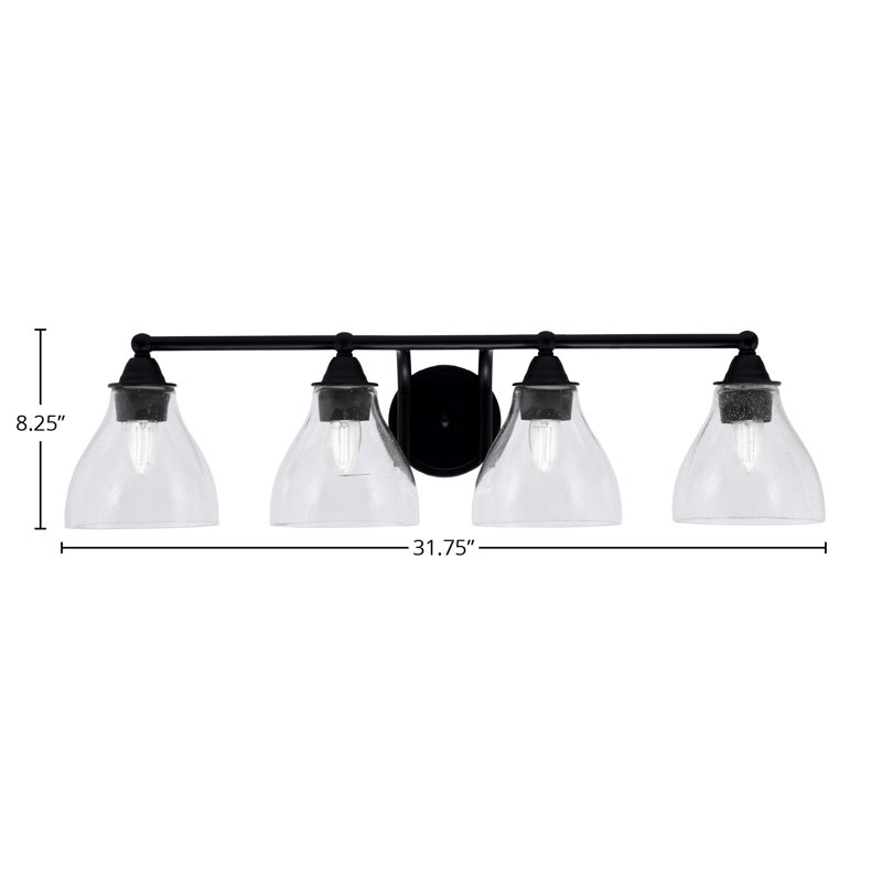 Barre d'éclairage de salle de bain 4 lumières Paramount avec fini noir mat et verre transparent 6,25 po