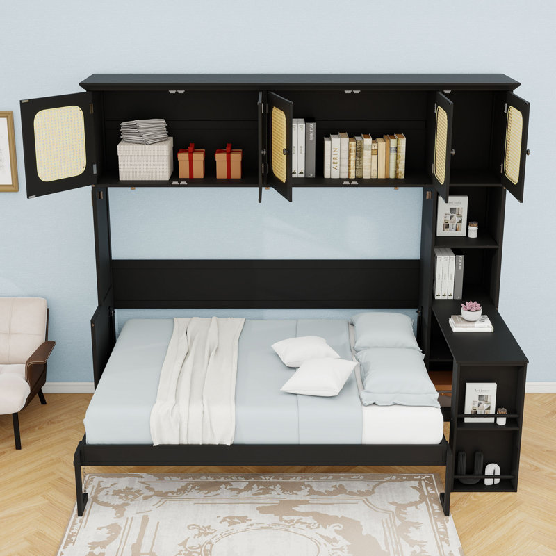 Lit escamotable double complet avec bureau intégré, portes d'armoire tissées, étagères et système de levage, Noir