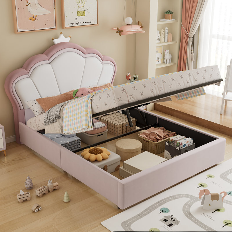Pink Velvet Hydraulic Storage Bed, Double