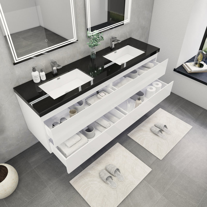 Ensemble de meuble-lavabo double mural 72 po Kirker, Blanc lustré