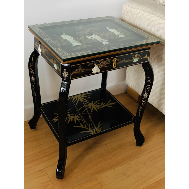 Entrada Oriental Mother Of Pearl Hand Painted Side Table with Storage and Shelf