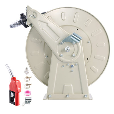 Fuel Hose Reel, 3/4 inch x 50 ft Retractable, 300 PSI, Spring Driven Auto Swivel Rewind, Heavy-Duty Carbon Steel Construction with Industrial Grade Rubber Hose, Kerosene, Designed for Diesel Fuel