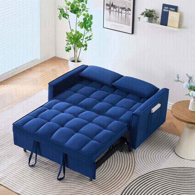 Modern 55" 3-in-1 couch folding sofa bed with two lumbar pillows for living room and office, Blue Velvet