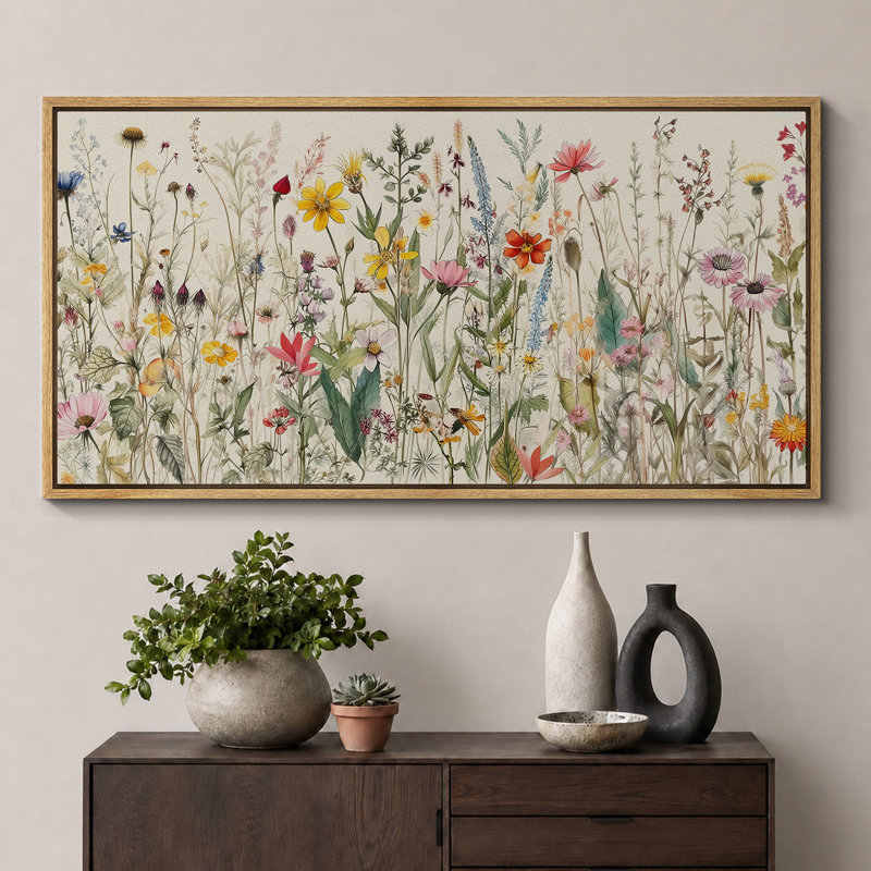 Aquarelle de fleurs sauvages vibrantes, H 30 po x l 60 po, Naturel