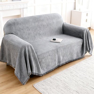 Reversible Chenille Sofa Cover With Tassel Fringe, Washable L-Shaped Sectional Protector For Pets And Families, Stretchable Slipcover For Multiple Fur