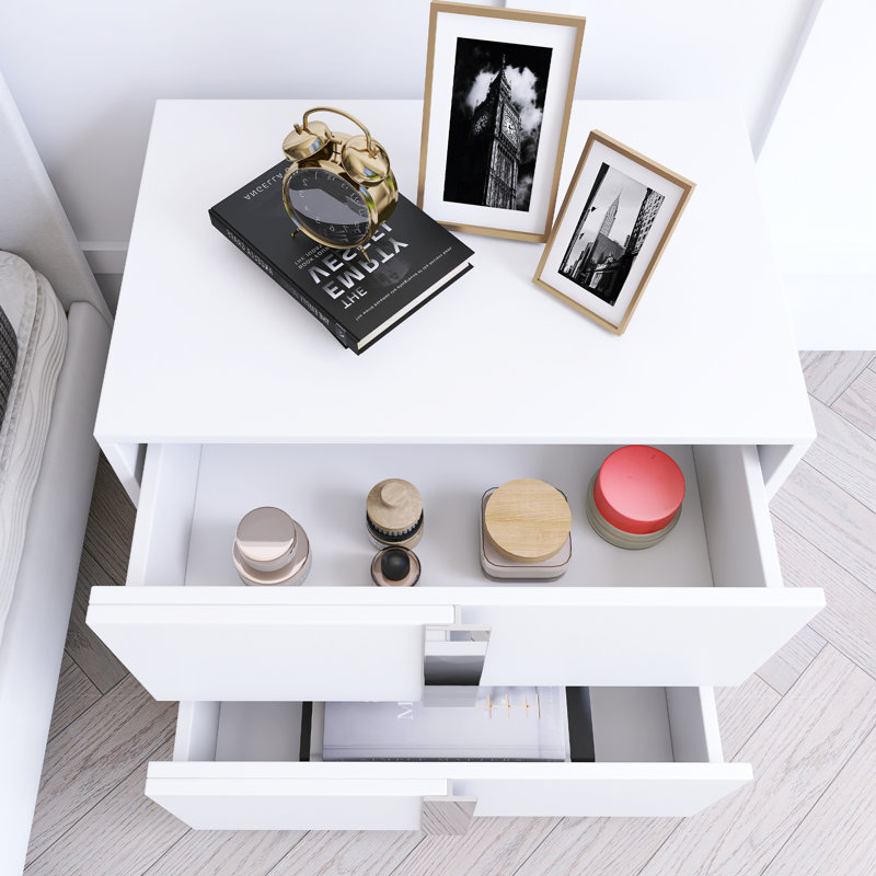 Table de chevet élégante avec pied en métal et table de chevet à miroir avec 2 tiroirs pour la chambre à coucher, Blanc
