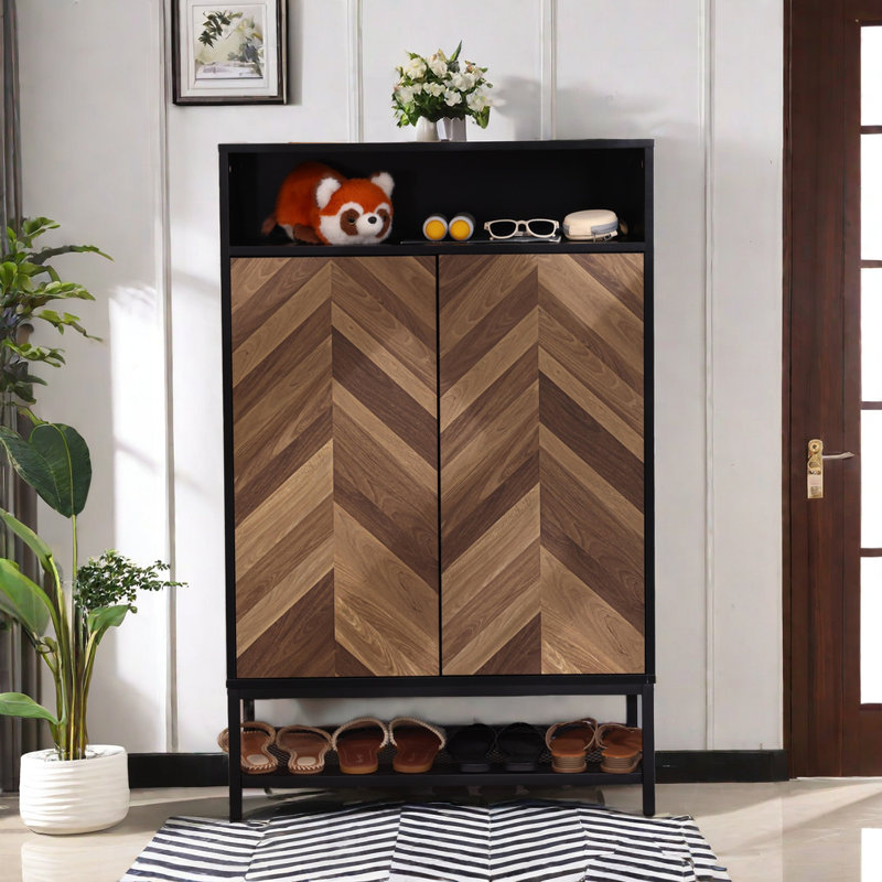 24 Pair Wood Grain Shoe Storage Cabinet with Removable Shelves for Entryway, Matte Black