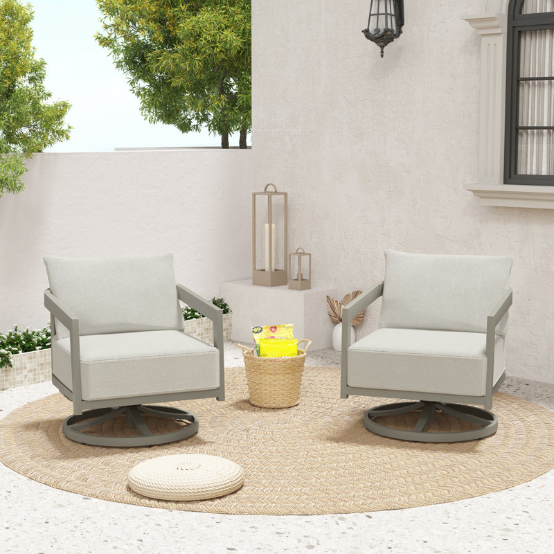 Heitzman 2-Piece Aluminum Outdoor Patio Swivel Chair With Gray Cushions