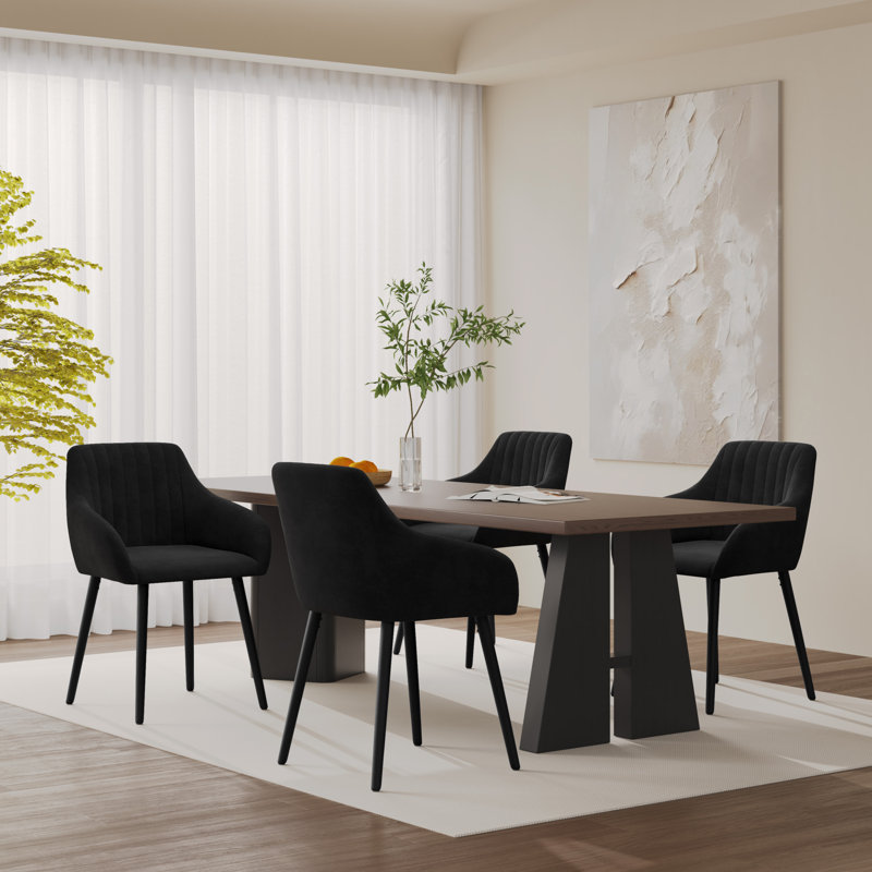 49.5cm H Upholstered Dining Chairs With Wooden Legs, Black Velvet/Black, 4
