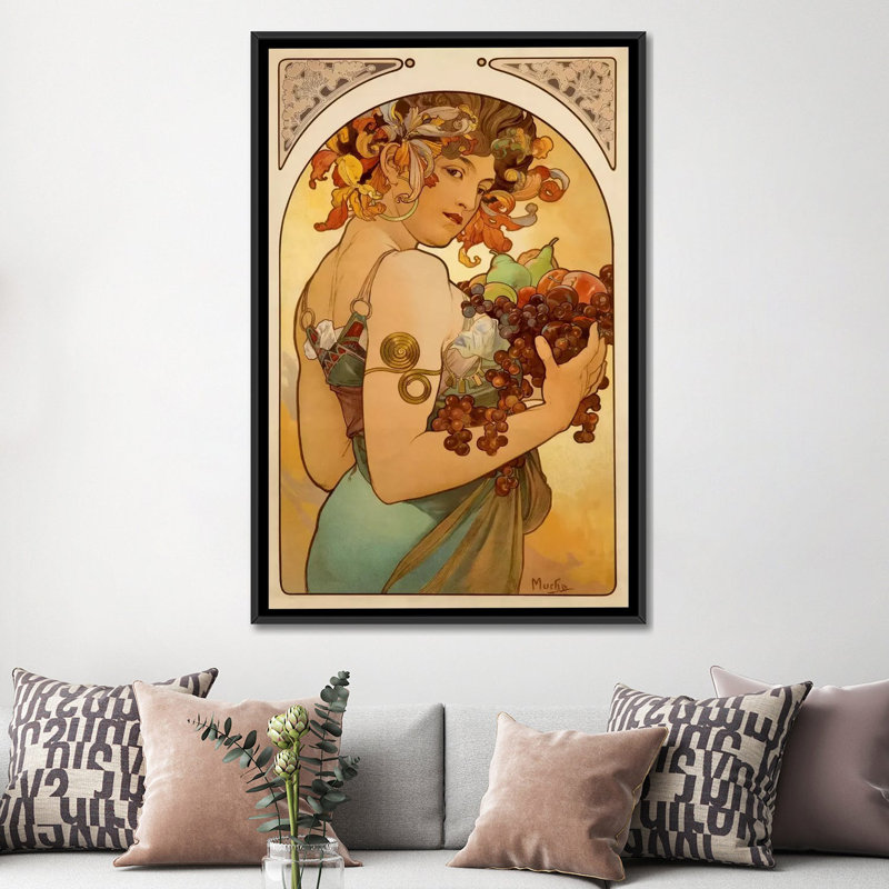 «Fruit» par Alphonse Mucha, reproduction d'art sur toile, L 18 po x H 26 po x P 1,5 po, Toile avec cadre noir, Pas de tapis