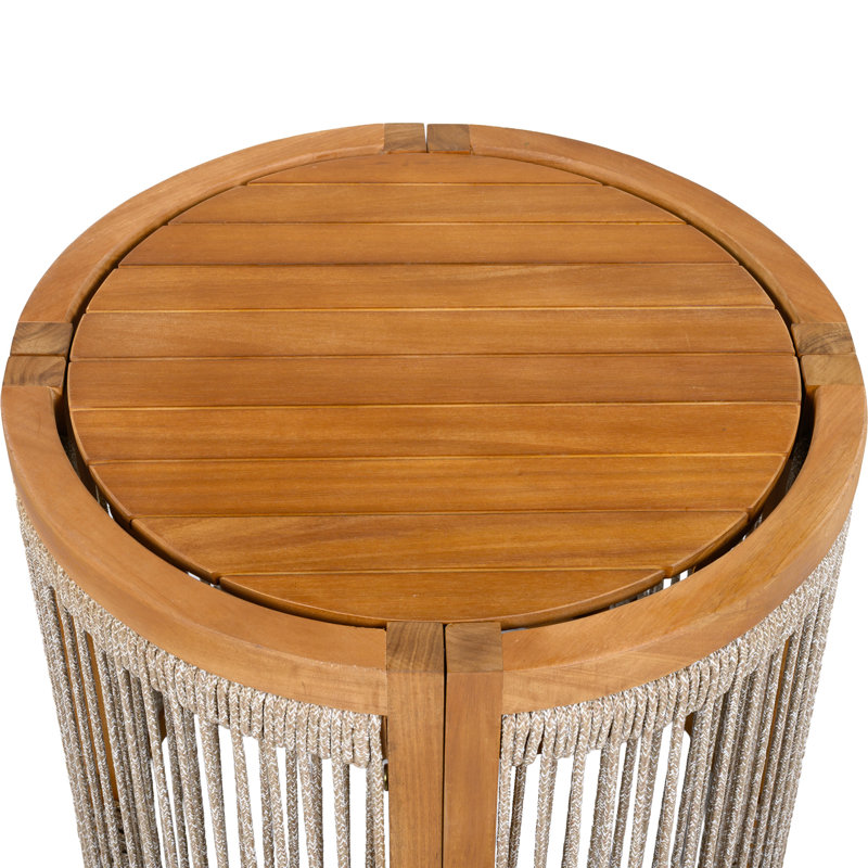 Outdoor Side Table 16.9", Wood Construction, Handwoven Rope Design, Patio Decor Piece, , Slatted Form